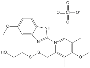 Molecular Structure of 103489-03-8 (Pyridinium,2-[[(2-hydroxyethyl)dithio]methyl]-4-methoxy-1-(5-methoxy-1H-benzimidazol-2-yl)-3,5-dimethyl-, perchlorate (salt))